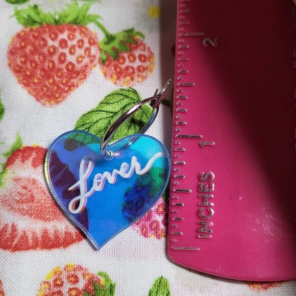 Blue "Lover" Reflective Heart Shaped Acrylic Earrings - Picture 6 of 6